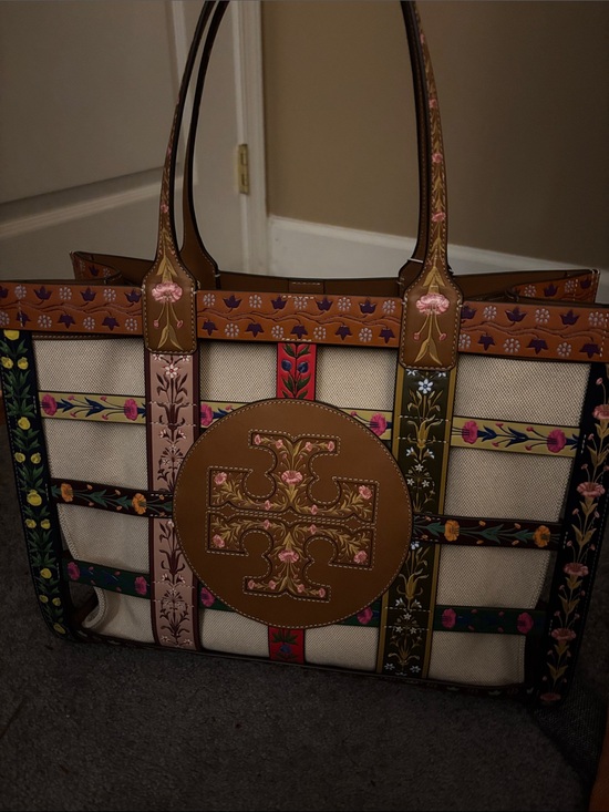 Tory Burch Handbags - Tory Burch Floral Embroidered Cream Canvas Tote with Brown Trim